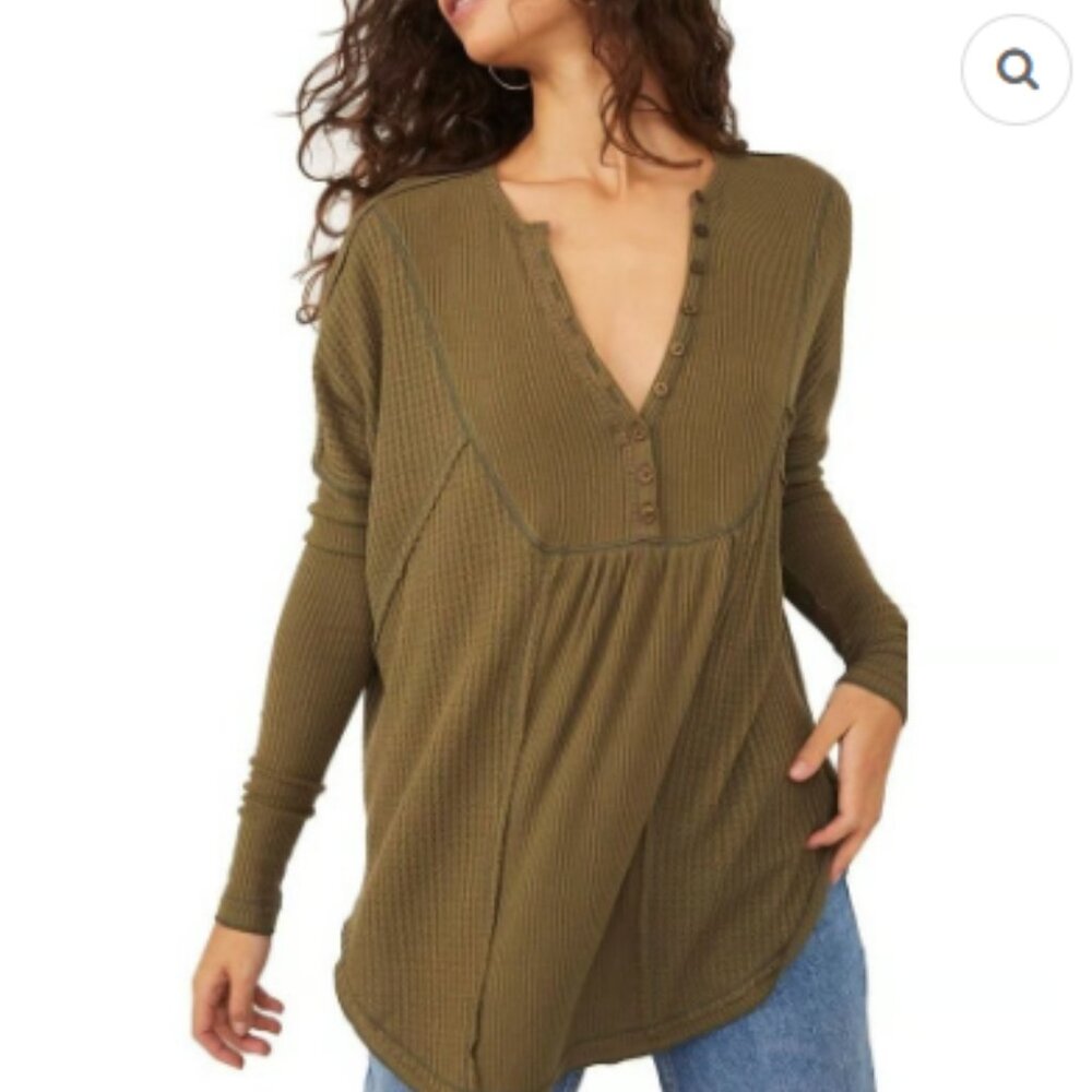 Free People Olive Green Waffle Knit Long Sleeve Henley Top